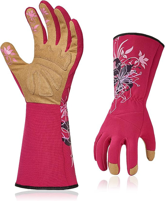 Vgo... 1-Pair Ladies' Synthetic Leather Gardening Gloves, Long Sleeves Gauntlet, Breathable & Grip Work Gloves, High Dexterity, Washable (Size L, Red, SL7445)