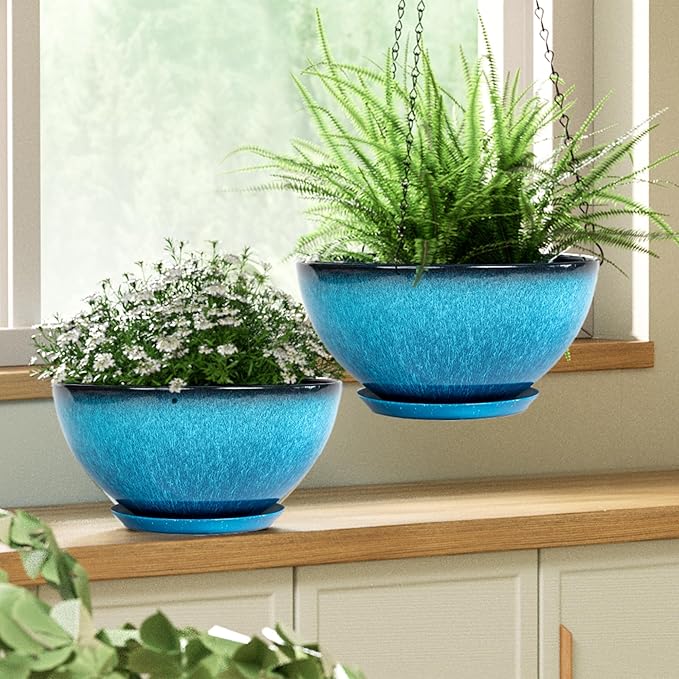 2 Pack 10 inch Hanging Planters, Plastic Hanging Plant Pots with Drainage Hole and Chain, Hanging Flower Pots for Outdoor Indoor Plants (Blue)