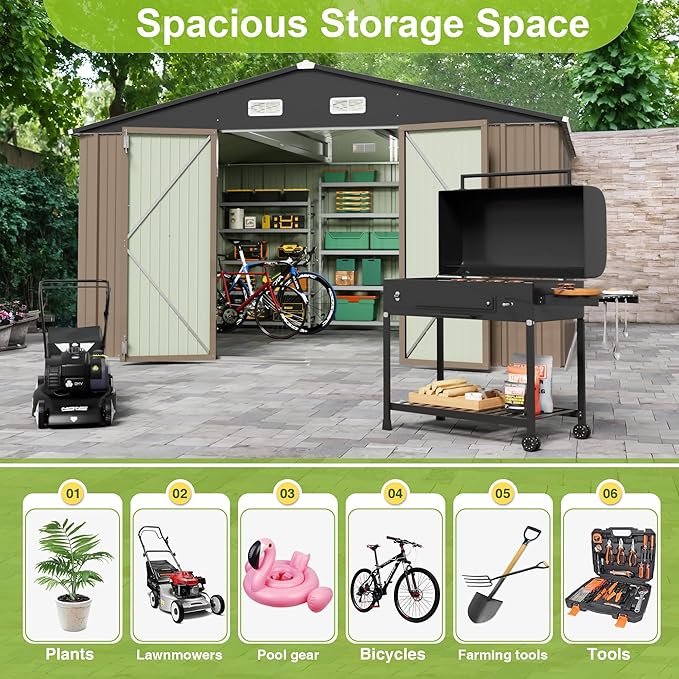 JUMMICO 8 x 10 FT Outdoor Storage Shed, Large Metal Garden Shed & Tool Sheds for Backyard Garden Patio Lawn (Brown)