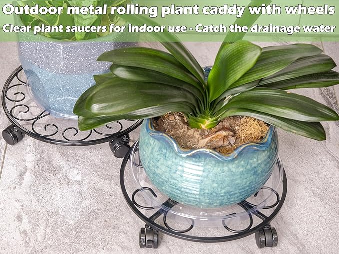 3 Packs 13.5" Metal Plant Caddy with Wheels Large Rolling Plant Stands Indoor Wheeled Plant Dolly Heavy-duty Planter Mover Roller Base Outdoor Plant Trolley Cart Water-proof, Plant Saucers on Wheels