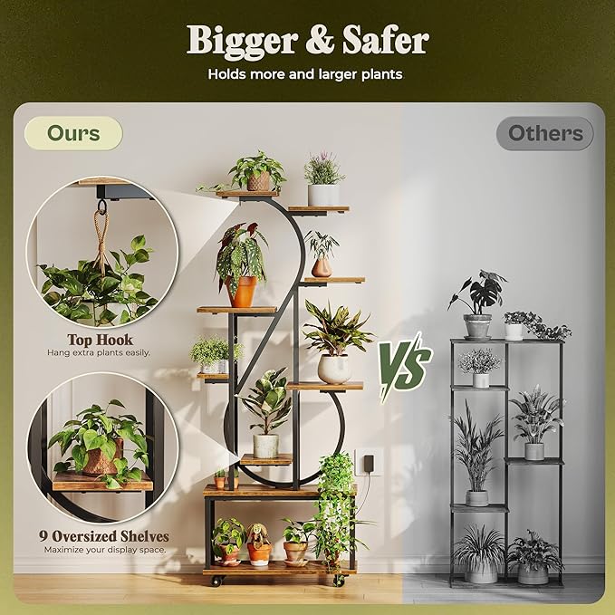 PRAISUN 65 Inch Plant Stand with Grow Light, 9 Tiered Indoor Plant Shelf with Larger Flower Holder, Music Note-shaped Stand with Top Ring Hook , Corner Plant Rack for Living Room, Rustic Brown