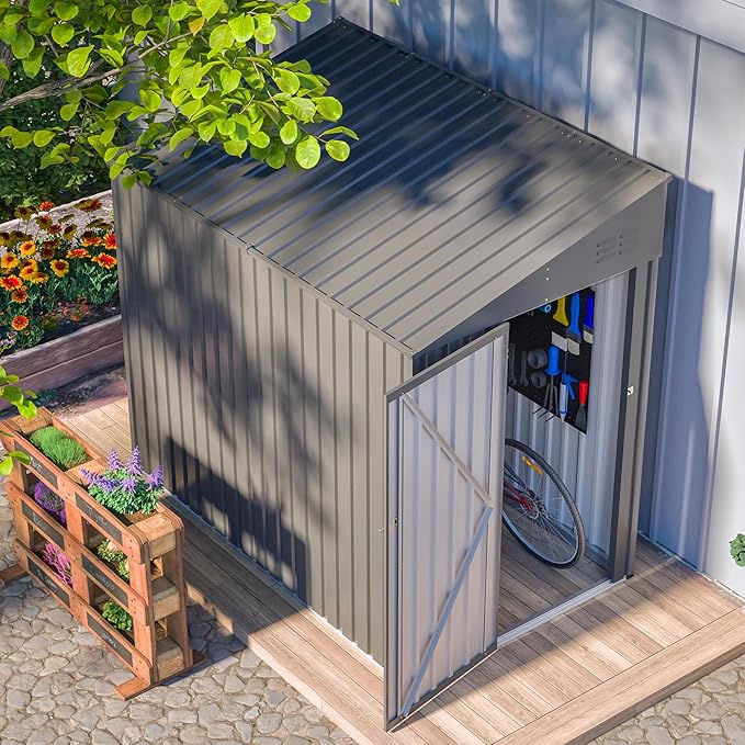 4x7 FT Outdoor Storage Shed,Lean to Lockable Metal Garden Shed Steel with Reinforced Beams,All Weather Waterproof Storage House W/Lockable Door,for Backyard,Patio,Lawn,Garden,Dark Gray