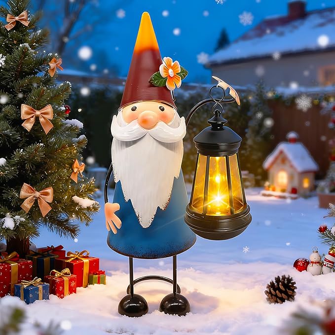 Solar Santa Claus Statue with Lights,14.56in Tall Solar Christmas Gnome Garden Sculptures, Birthday Xmas Gift for Woman Grandma Big Metal Decorative for Outdoor Patio Porch Ornaments Lawn Yard Balcony