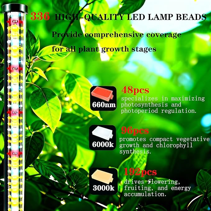 65 Inch Vertical Grow Lights for Indoor Plants: 48W, 6000K, 336 LEDs Full Spectrum LED Standing Plant Lights with Timer and 10 Level Dimmable Plant Growing Lamp for Greenhouse with Hanging Accessory