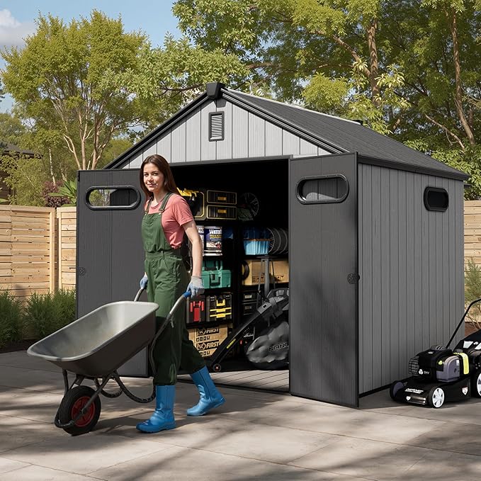 CRESTLIVE 8x8 FT Rust-Resistant Plastic Outdoor Storage Shed, Waterproof Resin Garden Shed with Floor, Doors, Skylight & Vent for Lawn Tools & Bikes