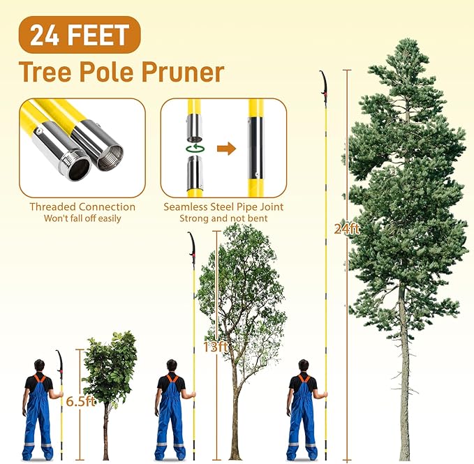 Outvita Manual Pole Saw, 24 Feet Extendable Tree Pruner with Knives and Storage Pocket, Sharp Steel Blade and Scissors High Branches Trimming for Pruning Palms and Shrubs(Yellow)
