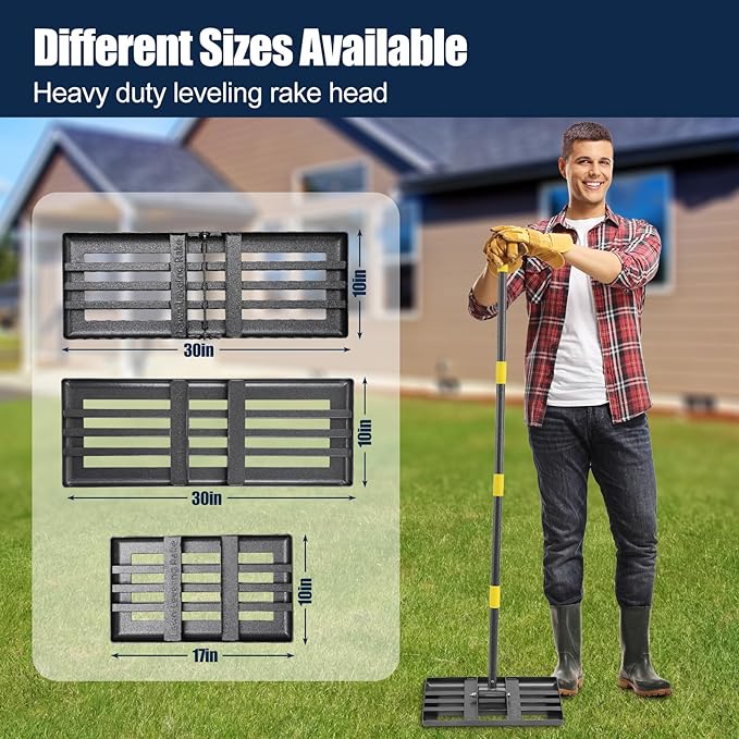 72" Heavy Duty Lawn Leveling Rake - 17x10in Stainless Steel Grading Tool with Ergonomic Adjustable Handle | Professional Grass Soil Leveler for Golf Courses, Backyards & Sports Fields