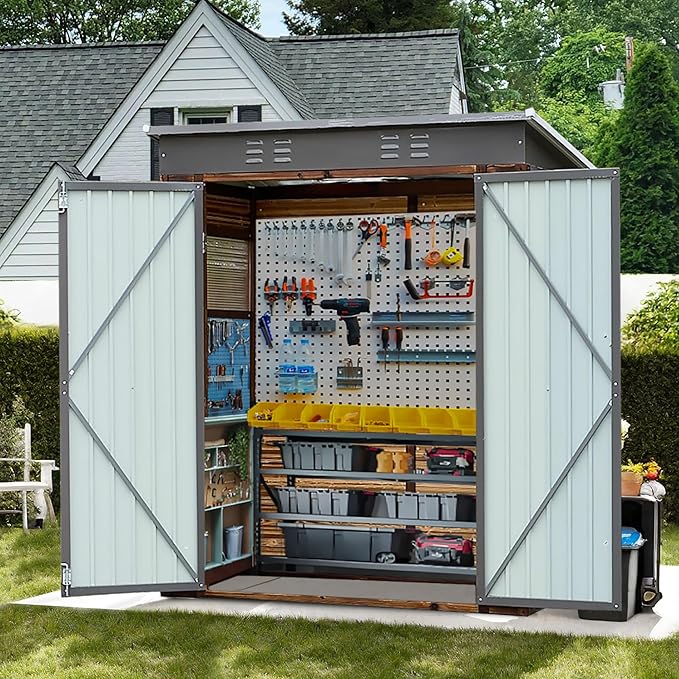 3x5FT Wood Outdoor Storage Shed with Lockable Double Doors & Ventilation Windows for Garden, Lawn, Patio