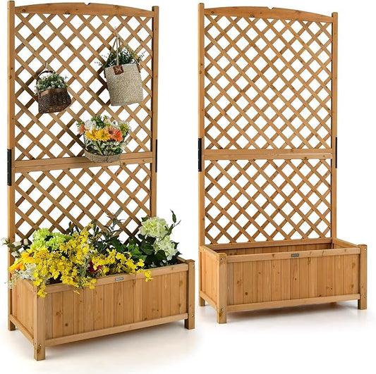Giantex 2 Pcs Planter Raised Bed with Trellis, 71" Wooden Garden Bed, High Trellis for Plant Flower Climbing Pot Hanging, Indoor & Outdoor Planter Box for Yard, Garden, Balcony