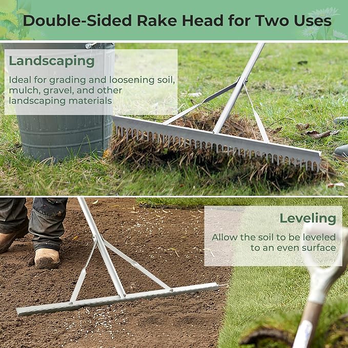 S AFSTAR 36-Inch Landscape Rake, Heavy-Duty Aluminum Rake w/ Head, 36 Tines, 68" Long Handle, Yard Rake for Loosening Soil, Landscaping Lawn Care, Garden Lake Pond Beach Care, Metal Rakes Tool