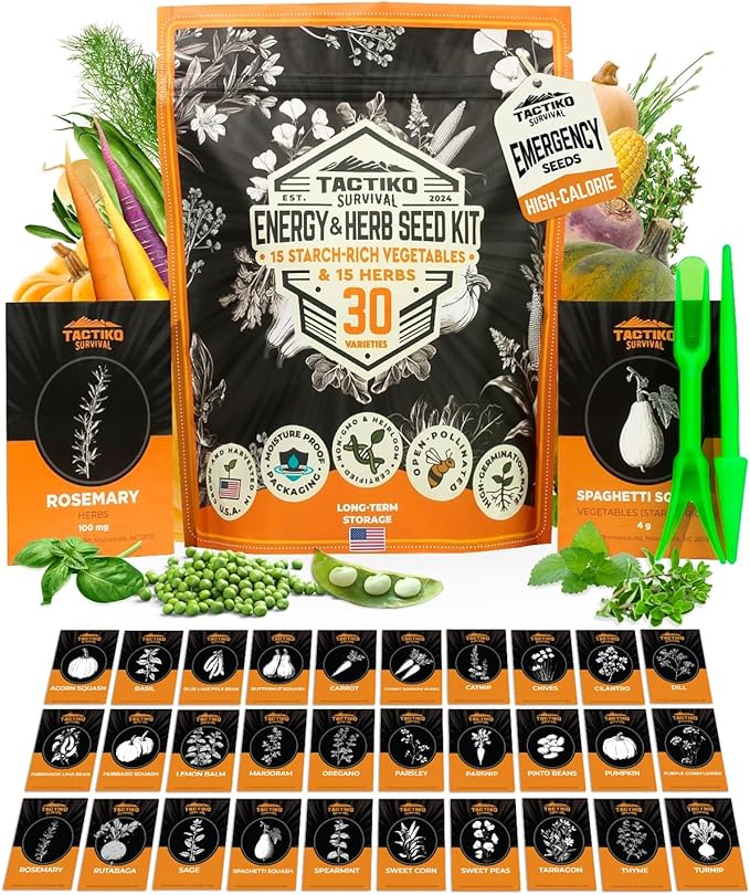 Tactiko Survival Ultimate Energy Seed Kit - 30 Calorie-Dense Veggies & Popular Herbs - USA-Grown Non-GMO Heirloom Seeds - Mylar-Bag for Long-Term Storage, Emergency Food Supply Gardening