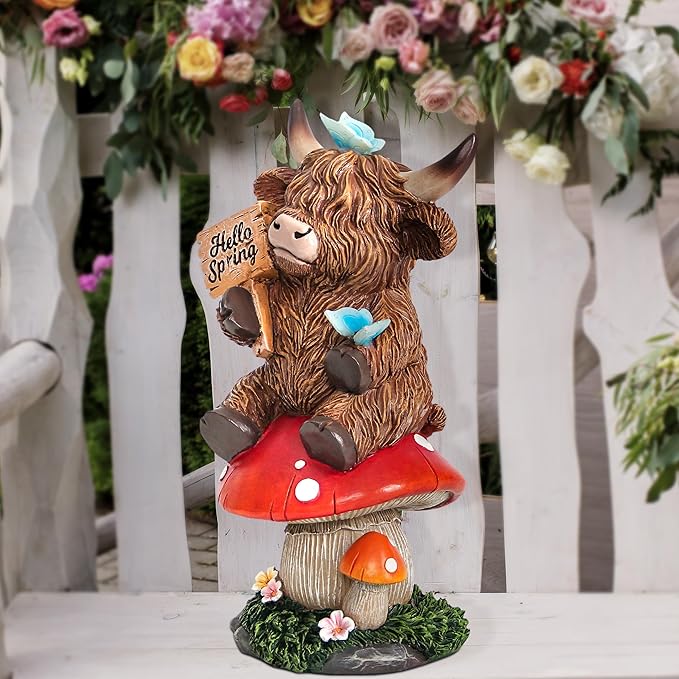 Highland Cow Garden Statue with Solar Butterfly Lights, Spring Outdoor Highland Cow on Mushroom Butterfly Decoration for Yard, Patio, Lawn, Cows Figurine Housewarming Gift for Women, Mom