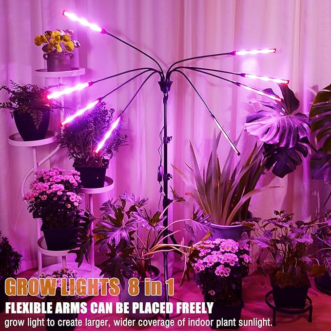 Grow Lights for Indoor Plants Full Spectrum with Stand and Timer, (Red+Blue+White) 8 Heads LED Plant Lights for Indoor Growing, Standing Floor House Plant Lamp for Seed Starting.
