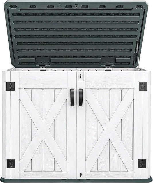 DWVO Outdoor Storage Shed, Weatherproof Resin, 35 Cu Ft Capacity, Horizontal Design, X-Shaped Lockable Door, Suitable for Bike, Garden Tools, Trash Cans, Light Gray