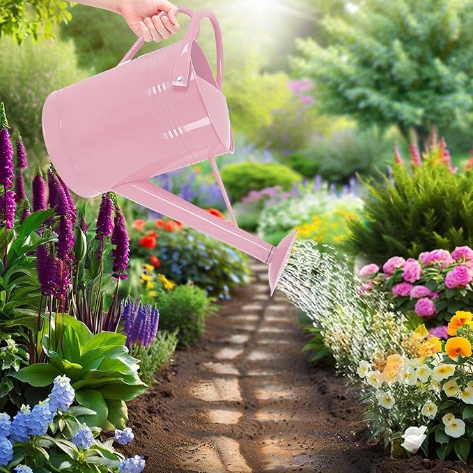 Galvanized Watering Can for Outdoor Indoor Plants, 1.7 Gallon Pink Decorative Countryside Style Water Can with Removable Spout, Metal Watering Can for Indoor Plants and Garden Flower