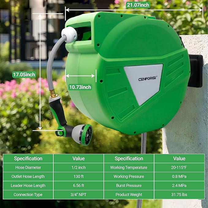 Retractable Garden Hose Reel, 1/2 in x 130 ft, Wall Mount Hose Reel, with 180° Swivel Bracket, Automatic Slow Return System, Any Length Lock for Outside
