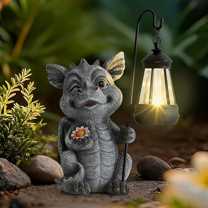 Garden Figurines Dragon Statue Decorations - Solar ResinDragon with Solar Garden Lights Outdoor Decorations for Patio,Yard,Lawn,