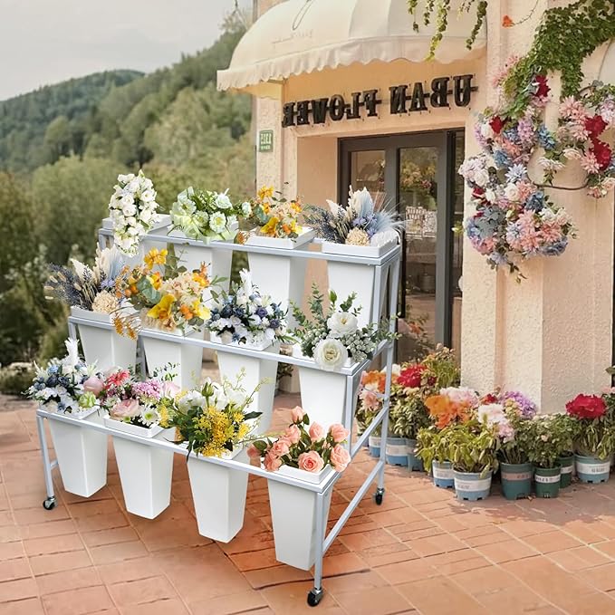 Flower Display Stand with Buckets, 3 Layers 12PCS Buckets Metal Flower Cart Display Stand with Wheels, for Patio Garden, Living Room (3 Layers White Square Bucket)