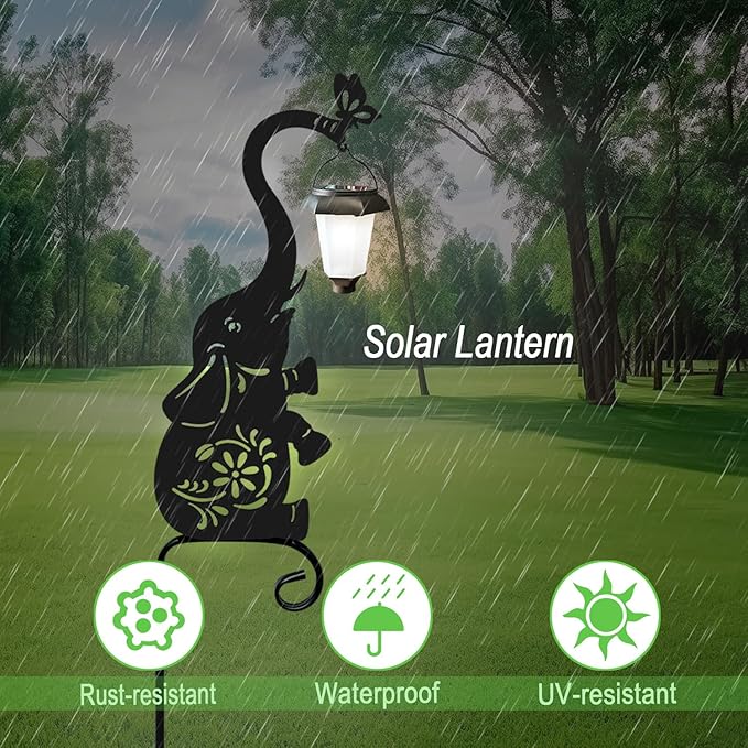 Metal Elephant with Solar Lantern Garden Stake,Garden Lights Solar Powered, Outdoor Decorations for Yard (Black Elephant)