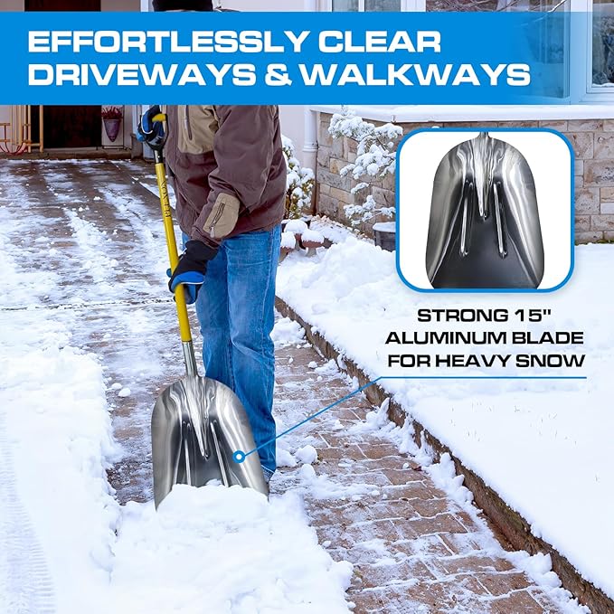 Plexon Aluminium Steel Snow Shovel for Driveway 12" Blade - Heavy Duty Snow Shovel for Car - Metal Scoop Shovel - Fiberglass Handle & Plastic D-Grip - Outdoor Garden Yard, 48" Length