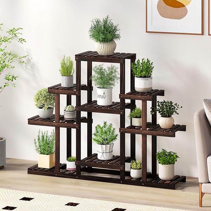 Giantex Plant Stand Indoor & Outdoor, 6 Tier Wood Flower Pot Stand for Multiple Plants, Plant Holder Display Rack, Ladder Storage Rack Plant Shelf for Living Room Balcony Garden Patio