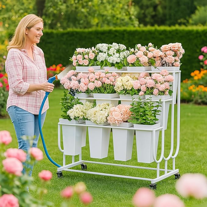 Dyale Flower Display Stand Frame, 3-Tier Flower Cart with Wheels, Metal Floral Display Rack , Moving Florist Bouquet Shelf for Shop ,Flower Bar, Events (White - 3 Tier)