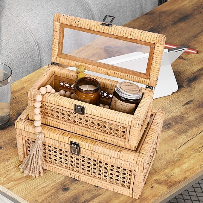 Rattan Decorative Box with Lid, Rectangular Woven with Glass for Display, Set of 2 Wicker for Decor
