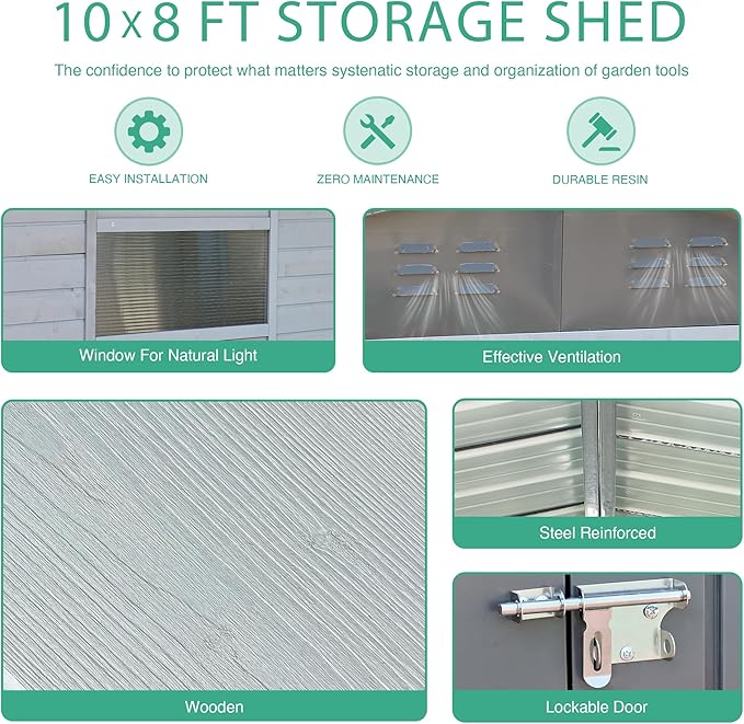8x10 FT Outdoor Wood Storage Shed, Garden Tool Shed with Windows, Outside Storage Shed Waterproof for Backyard, Garden, Patio, 4 Vents (Without Floor) Gray