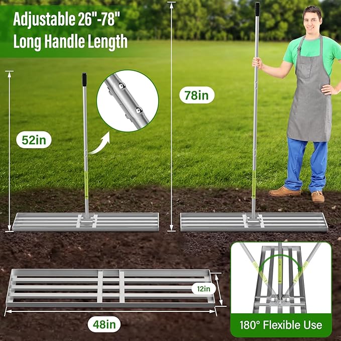 Lawn Leveling Rake,48x12 inch Heavy-Duty Galvanized Steel Landscape Rake with an Adjustable 78'' Extra Long Handle Lawn Leveling Tool for Yard,Backyard,Garden,Golf,Farm,Pasture