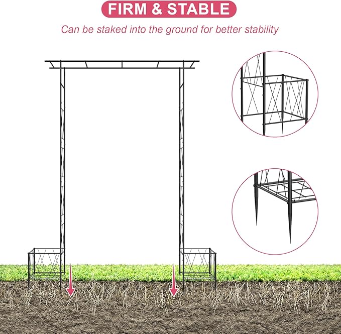 Garden Arch Thickened Garden Arbor Trellis for Climbing Plants with Planter 7.6Ft Outdoor Metal Arch Archway Wedding Backdrop Stand for Ceremony Party Christmas Decorations Pergola Black