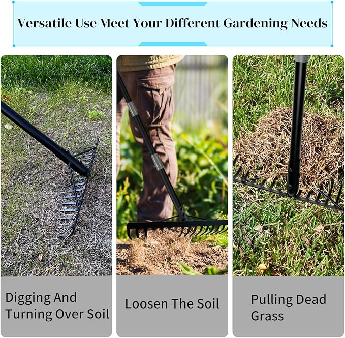 Heavy Duty Bow Rake Garden Rake with Stainless Steel Handle with 16 Steel Tines Garden Tool for Loosening Soil Gathering Leaf Leveling Lawn Farming Land Management Yarn Thatch Rakes