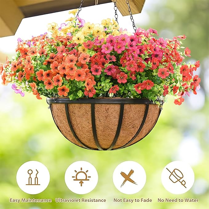 4pcs 16 inch Metal Hanging Baskets Round Wire Plant Stand with Coco Lining Cushion Decorative Planter Hanger Garden Indoor Outdoor Watering Hanging Basket （BT）