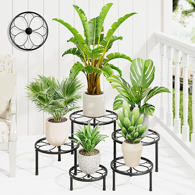 5 Pack Metal Plant Stands,Heavy Duty Potted Holder for Flower Pot,Indoor Outdoor Metal Rustproof Iron Garden Container Round Supports Flower Rack for Planter(BlackFlower)