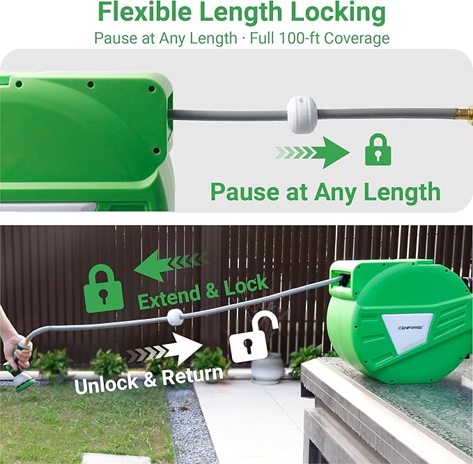 Retractable Garden Hose Reel, 1/2 in x 100 ft, Wall Mount Hose Reel, with 180° Swivel Bracket, Automatic Slow Return System, Any Length Lock for Outside