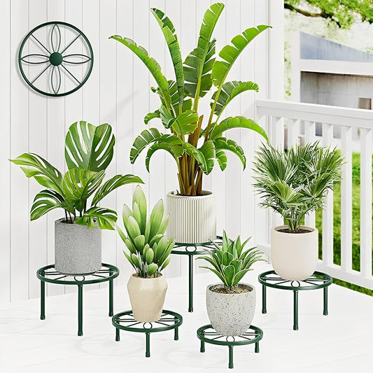 5 Pack Metal Plant Stands for Indoor and Outdoor Planters,Heavy Duty Flower Pot Stands for Multiple Plant,Round Short Flower Holder Stand for Home Decoration(DarkGreenLeaf)