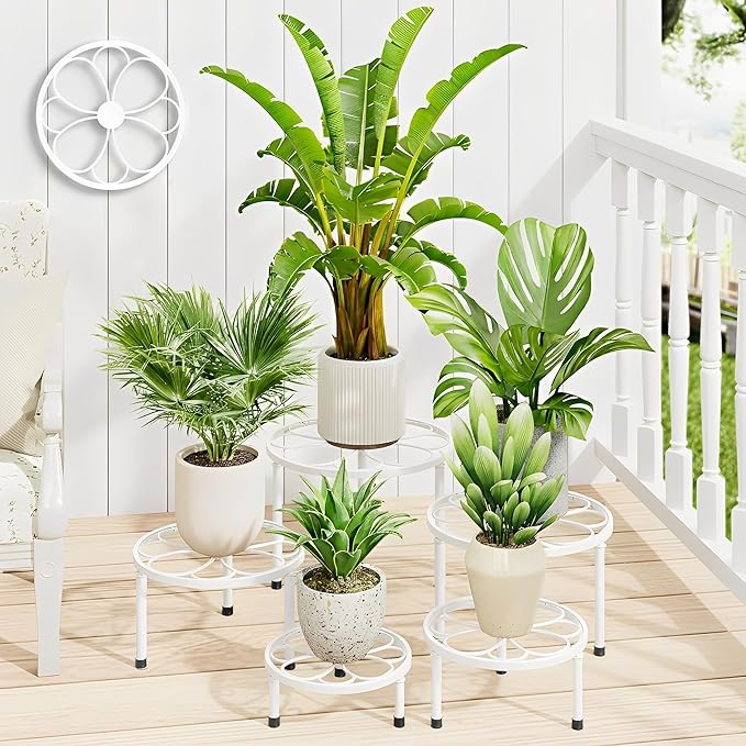 5 Pack Metal Plant Stands for Indoor Outdoor Planters, Flower Pots Stand, Beverage Dispenser Stand, Pumpkin Short Holder Stand for Floor and Tabletop Decoration(WhiteFlower)