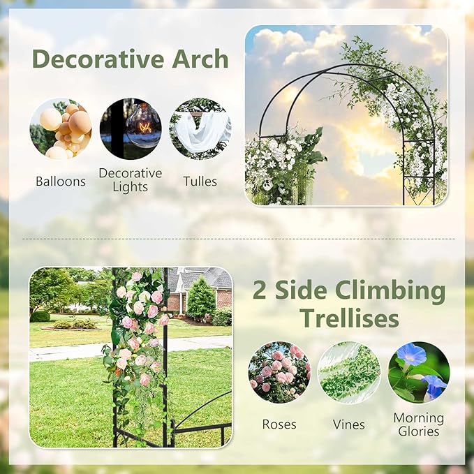 Moccha Garden Arbor, 90" Metal Arbor Trellis for Climbing Plants, Rose, Ivy, Outdoor Archway Pergola with Lockable Gate, 4 Ground Stakes, Garden Arch for Lawn Patio Bridal Party Pathway Ceremony