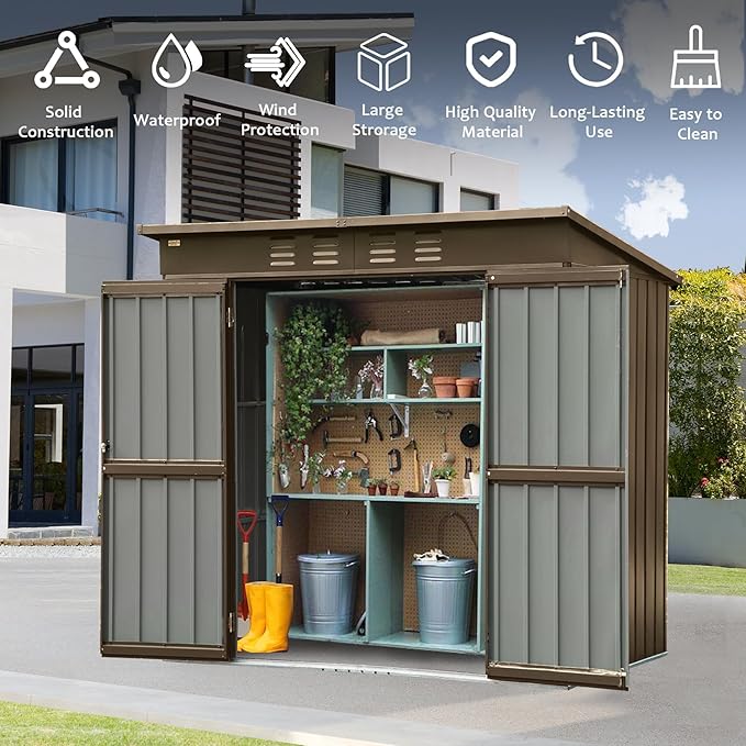 6x4ft Outdoor Storage Shed, Metal Tool Shed with Lockable Double Door and Sloping Roof, Galvanized Steel Garden Bike Storage for Backyard Lawn