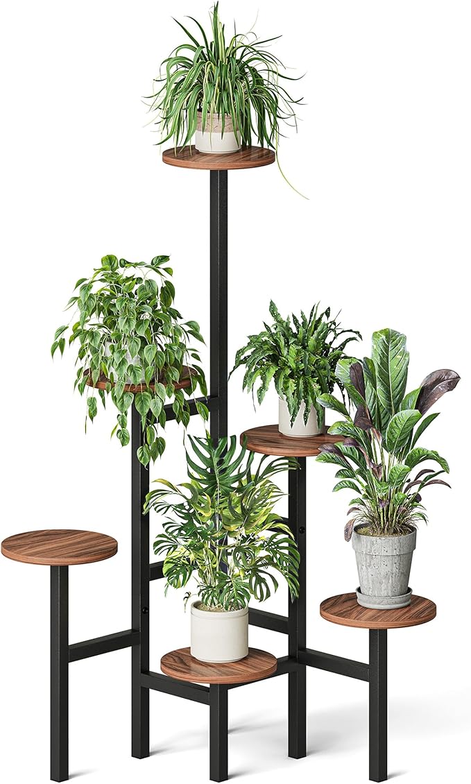 6 Tier Corner Plant Stand Indoor Outdoor, Tall Large Plant Shelf for Multiple Plants, Tiered Flower Pot Holder, Metal Display Plant Shelves for Living Room, Balcony, Patio, Garden(Walnut Brown)GPS514DB