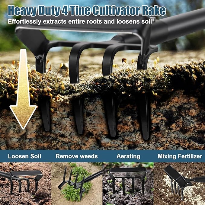 Hoe Garden Tool - 2 in 1 Stirrup Action Hoe & Rake,Heavy Duty Weeding & Cultivating Tool,Adjustable Long Handle (36”-74”),Sharp Carbon Steel Blade for Effortless Gardening