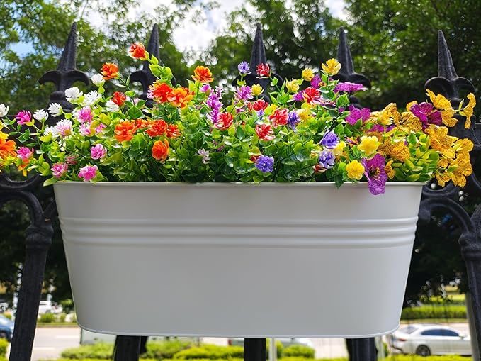 3 Pcs Large Balcony Planters Railing Hanging Flower Pots- 16.2 Inch Metal Railing Planter Box Fence Planters for Outdoor Plants with Detachable Hooks and Drain Holes for Garden Decor (White-16.2inch)