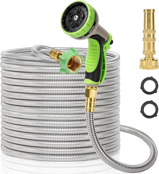 Garden Hose Metal 50 FT, Stainless Steel Hose, Water Hose with 10 Function Nozzle & Brass Nozzle, Lightweight, No Kink & Tangle, Easy to Use & Store, Heavy Duty Metal Hose for Yard and Lawn