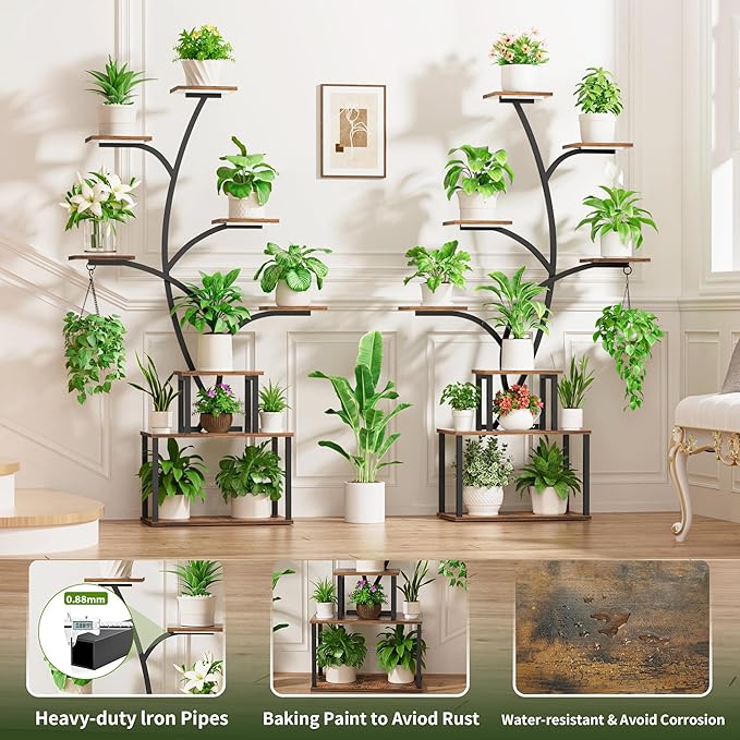 Plant Stand Indoor with Grow Lights - Large Plant Shelf Indoor, 63" 8 Tier Tall Plant Stands for Multiple Plants, 2 Pack Lighted Corner Flower Shelf, Tree-Shaped Metal Holder for Living Room, Black