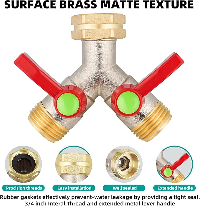 Hose Splitter 2 Way, High Flow Garden Hose Splitter, 3/4” Ght Inlet Brass Heavy Duty Hose Converter, Full Flow water 2 Way Faucet hose splitter, Long Handle Hose Valve Large Outlet.