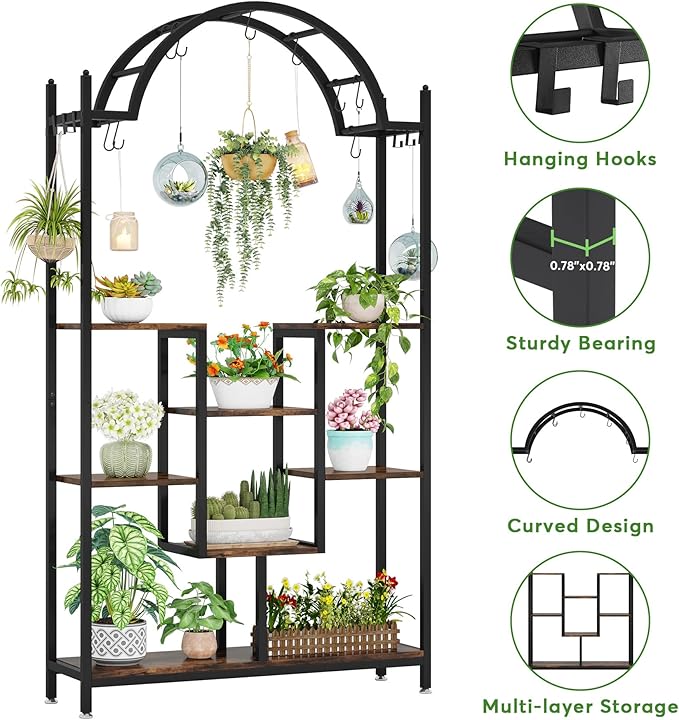 Tribesigns 5-Tier Tall Indoor Plant Stand, 74.8'' Arched Metal Flower Shelf with Hanging Hooks, Large Bonsai Pots Display Rack for Indoor, Balcony, Living Room