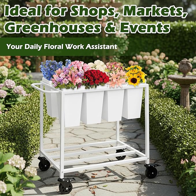Flower Cart with 8 Buckets,Flower Cart Display Stand with Wheels,Bloom Bar,Flowers Stand for Wedding ,Party and Home Decor (White)