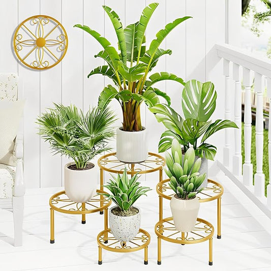 5 Pack Small Potted Plant Stands,Metal Plant Stand for Outdoor Indoor Plants,Heavy Duty Flower Pot Stands for Multiple Plants,Decoration Display Racks for Patio Garden(GoldS)