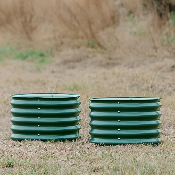 17" Tall Herb Raised Garden Bed for Basil Lavender Sages, 24" Wide Round Fruit Tomato Planter Box for Gardening Blueberries Figs, Flower Metal Pot Container for Rose, Twin Pack, British Green