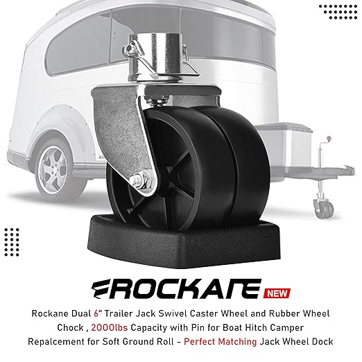 Rockane Dual 6'' Trailer Jack Swivel Caster Wheel Replacement with Rubber Wheel Chock，2000LBs Capacity with Pin for Boat Hitch Camper for Soft Ground Roll - Perfect Matching Jack Wheel Dock