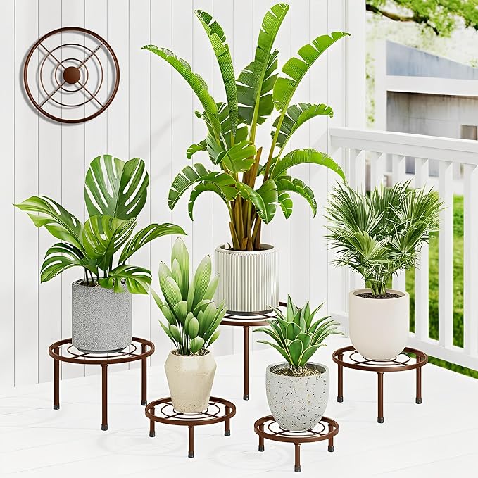 5 Pack Black Metal Potted Plant Stand for Indoor Outdoor, Heavy Duty Flower Pot Planter Holder, Rustproof Iron Garden Container Round Supports Rack for Planter Stand(BrownCircle)